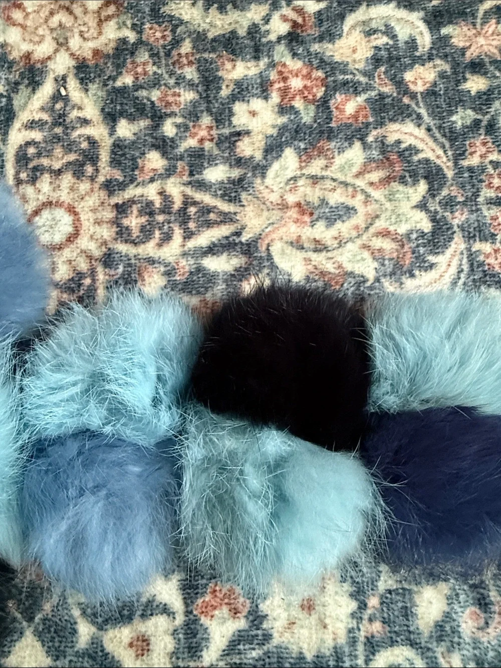 Folio Genuine Rabbit Fur Plush Blue Ombre Pom-Pom Scarf -